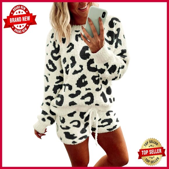 Other - Fuzzy Fleece Pajama Set Long Sleeve Sweater Top and Shorts Loungewear Cozy